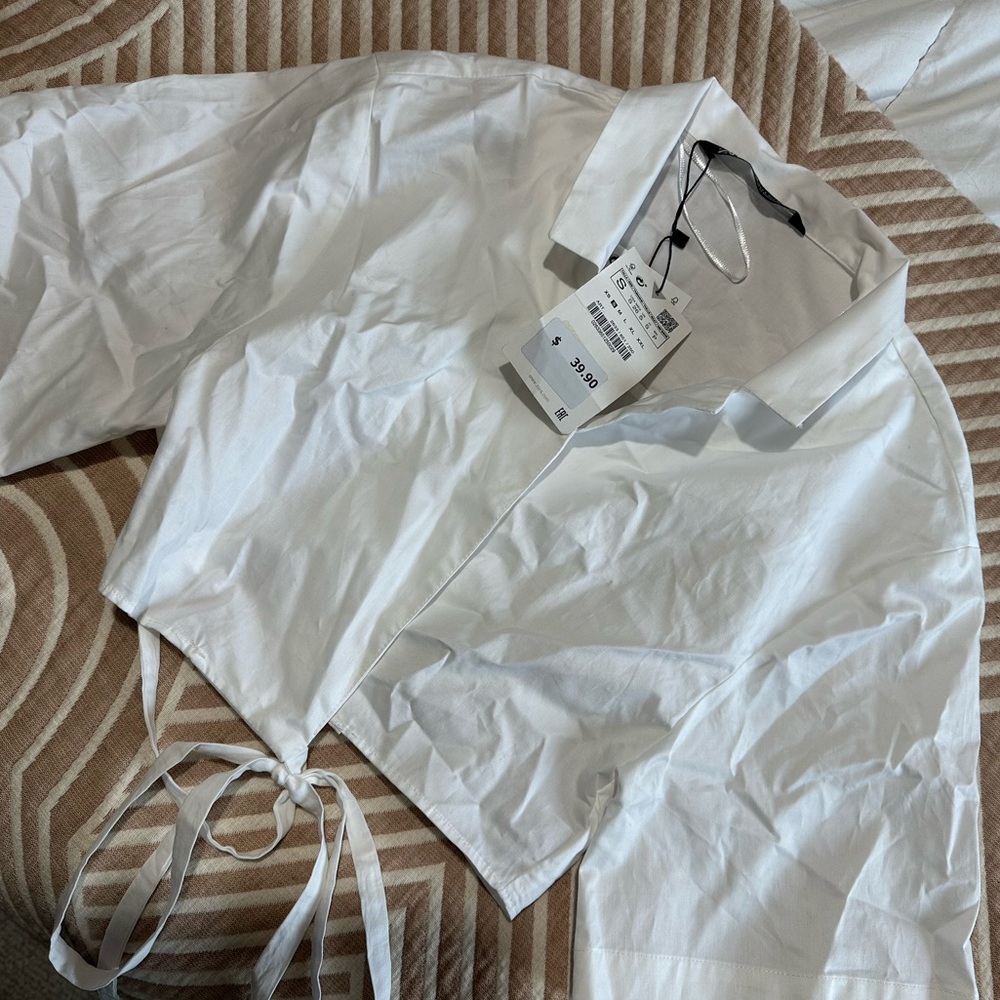 Zara White Collared Cropped Wrap Shirt NWT